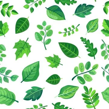 Seamless pattern features various shades and shapes of green leaves against a Stock Illustration