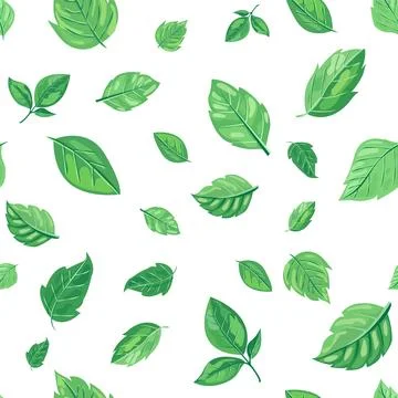 Seamless pattern features various shades and shapes of green leaves against a Stock Illustration