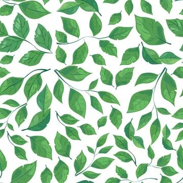 Seamless pattern features various shades and shapes of green leaves against a Stock Illustration