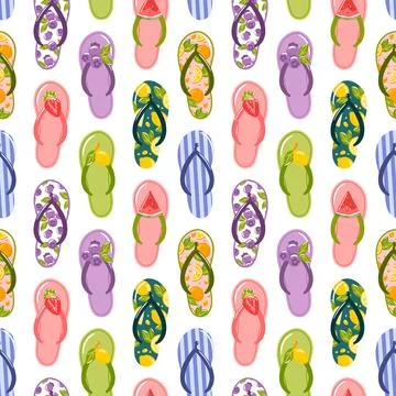 This seamless pattern features vibrant flip-flops in a variety of colors Stock Illustration