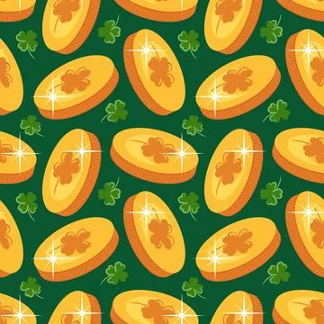 This seamless pattern features vibrant leprechaun gold coins intertwined with Stock Illustration