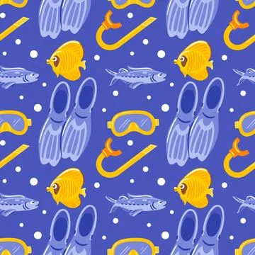 This seamless pattern features vibrant tropical fish alongside snorkels, fins Stock Illustration
