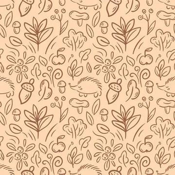 Seamless pattern features whimsical hand-drawn elements like hedgehogs, plants 库存插图