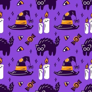 Seamless pattern features whimsical witch hats, black cats, glowing candles, and Illustrazione stock