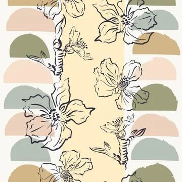 Seamless pattern featuring abstract geometric shapes and hand drawn branch Stock Illustration