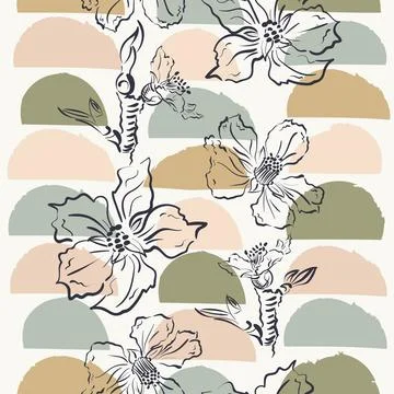 Seamless pattern featuring abstract geometric shapes and hand drawn branch Illustrazione stock