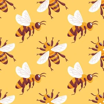 A seamless pattern featuring adorable bees on a vibrant yellow background. This Stock Illustration