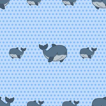 Seamless Pattern Featuring Adorable Blue Whales on a Polkadot Background Il.. 库存插图