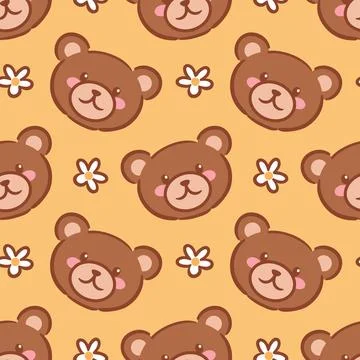 Seamless pattern featuring adorable kawaii bear faces on a warm yellow Stock Illustration