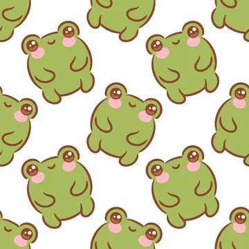Seamless pattern featuring adorable kawaii green frogs, each with cheerful Stock Illustration