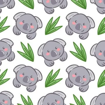 A seamless pattern featuring adorable kawaii koala faces against a white Stock Illustration