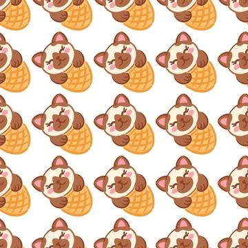 A seamless pattern featuring adorable kawaii kitten faces in ice cream cones Stock Illustration