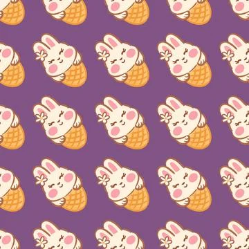 A seamless pattern featuring adorable kawaii bunny faces in ice cream cones Stock Illustration