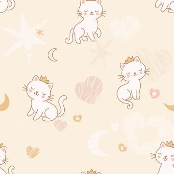 Seamless pattern featuring adorable kittens wearing cute little crowns Stock Illustration