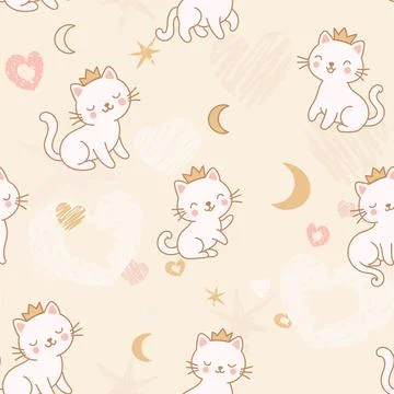 A seamless pattern featuring adorable kittens wearing cute little crowns, sur Stock Illustration