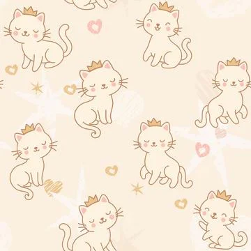 A seamless pattern featuring adorable kittens wearing cute little crowns, sur Stock Illustration