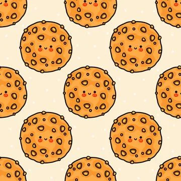 A seamless pattern featuring adorable smiling cookies with chocolate chips an Stock Illustration