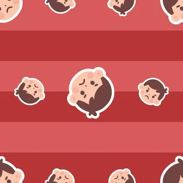 Seamless Pattern Featuring Angry Boy Emoticon Faces on Red Horizontal Stripes Stock Illustration