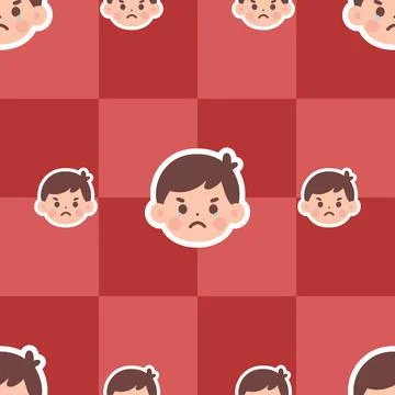 Seamless Pattern Featuring Angry Boy Emoticons on a Red Checkerboard Backgrou Illustrazione stock