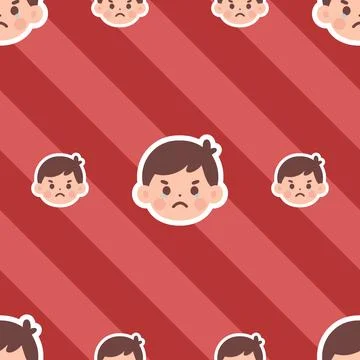 Seamless Pattern Featuring Angry Boy Emoticon Faces on a Red Diagonal Strip.. Stock Illustration