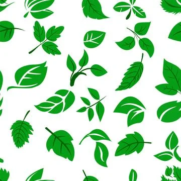 A seamless pattern featuring an array of green leaves in various shapes and Stock Illustration