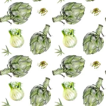 A seamless pattern featuring artichoke and fennel vegetables on a white Stock Illustration