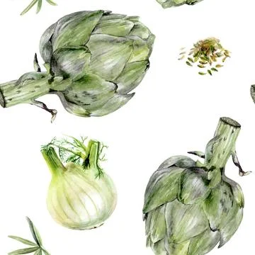 A seamless pattern featuring artichoke and fennel vegetables on a white Stock Illustration