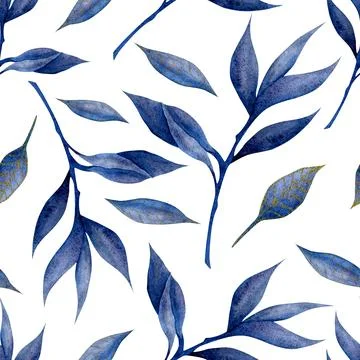 A seamless pattern featuring artistic blue leaves scattered on a white backgr Illustrazione stock