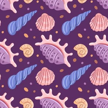 A seamless pattern featuring an assortment of beautifully detailed seashell.. Stock Illustration