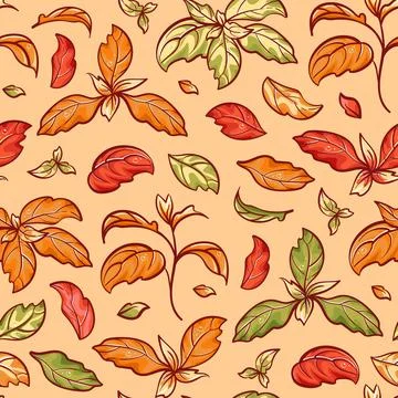 A seamless pattern featuring autumn leaves in vibrant hues of red, orange, and Stock Illustration