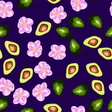 A seamless pattern featuring avocado, tropical leaves, and flowers. Concept.. イラスト素材