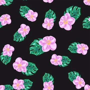 A seamless pattern featuring avocado, tropical leaves, and flowers. Concept M イラスト素材