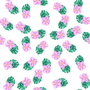 A seamless pattern featuring avocado, tropical leaves, and flowers. Concept.. イラスト素材