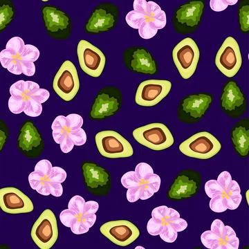 A seamless pattern featuring avocado, tropical leaves, and flowers. Concept.. Stockillustratie