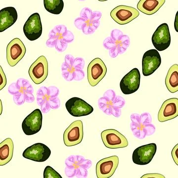 A seamless pattern featuring avocado, tropical leaves, and flowers. Concept.. Illustrazione stock