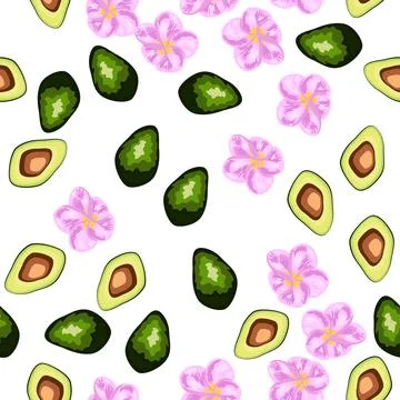 A seamless pattern featuring avocado, tropical leaves, and flowers. Concept.. Stockillustratie