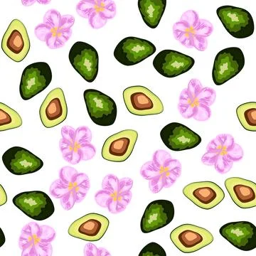 A seamless pattern featuring avocado, tropical leaves, and flowers. Concept.. Stock Illustration