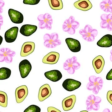 A seamless pattern featuring avocado, tropical leaves, and flowers. Concept.. イラスト素材
