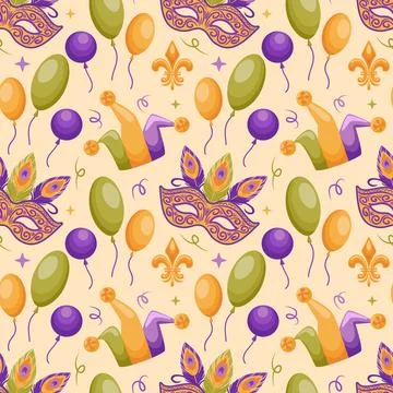 A seamless pattern featuring balloons, jester hats, fleur-de-lis motifs, and Stock Illustration