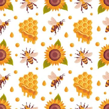 Seamless pattern featuring bees, honeycombs, and sunflowers, creating a vibrant Illustrazione stock