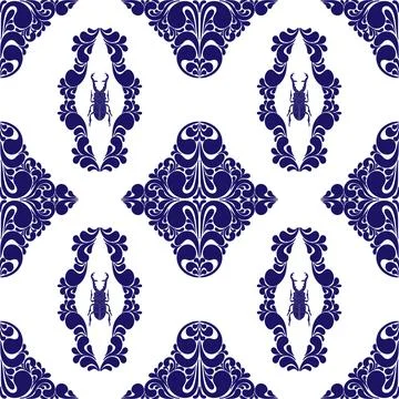 A seamless pattern featuring beetles and abstract paisley and damask motifs.  Stock Illustration