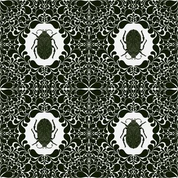 A seamless pattern featuring beetles and abstract paisley and damask motifs.  Illustrazione stock