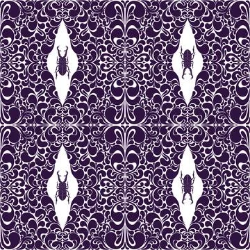 A seamless pattern featuring beetles and abstract paisley and damask motifs.  Stock Illustration
