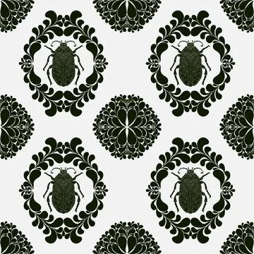 A seamless pattern featuring beetles and abstract paisley and damask motifs.  Stock Illustration