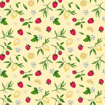 Seamless pattern featuring berries, lemons, and flowers on a light background 스톡 일러스트