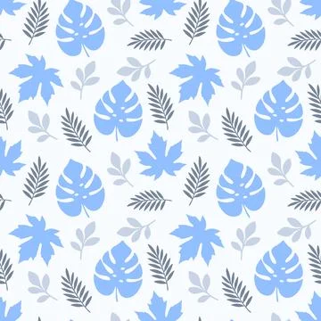 Seamless pattern featuring blue and grey tropical and autumnal leave Stock Illustration