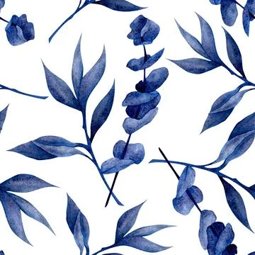 Seamless pattern featuring blue watercolor eucalyptus leaves on a white backg Illustrazione stock
