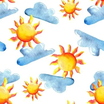 Seamless pattern featuring bright yellow suns with orange rays and light bl.. Stock Illustration
