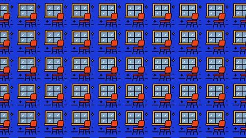 Seamless pattern featuring cartoon window and red chair icons on a vibrant .. Stock Illustration