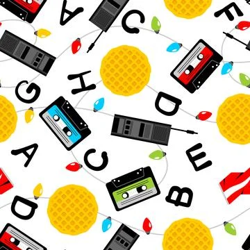 Seamless pattern Featuring cassette tapes, walkie-talkies, yellow waffles, .. Stockillustratie